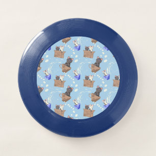 Cats in box and milk drops on blue Wham-O frisbee