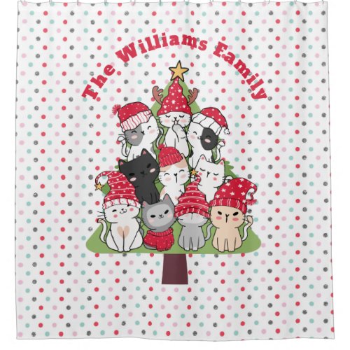 Cats in Christmas Tree Santa Hats Antlers Cute Fun Shower Curtain