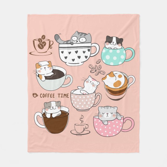 Cats in Coffee Cups Fleece Blanket (Front)