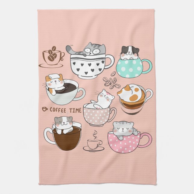  Cats in Coffee Cups Kitchen Towel (Vertical)