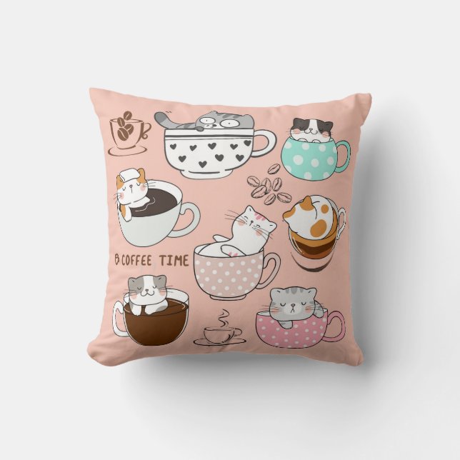 Cats in Coffee Cups Throw Pillow (Front)