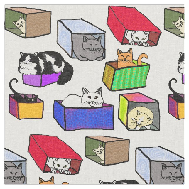 Cats in Colorful Boxes Fabric (Close Up)