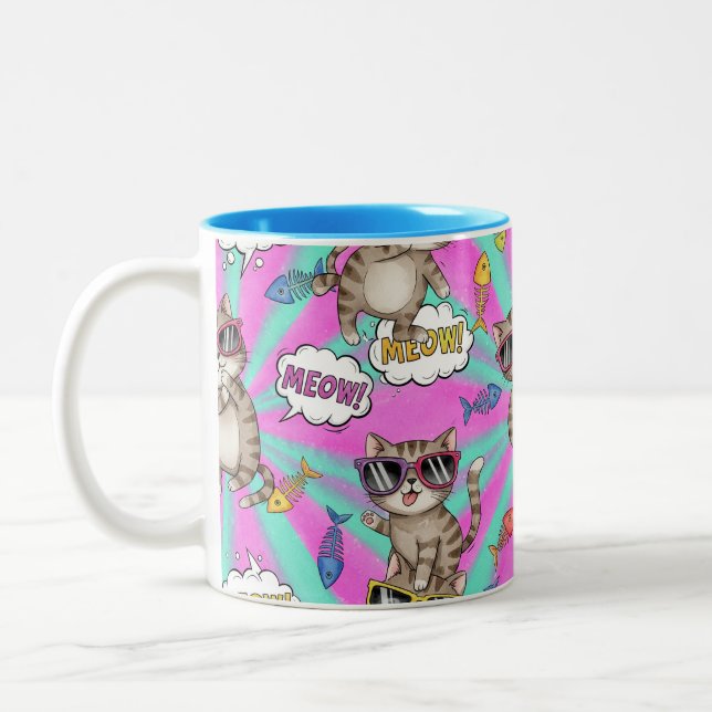 Cats in Glasses, Pop Art, by Natasha Us   Two-Tone Coffee Mug (Left)