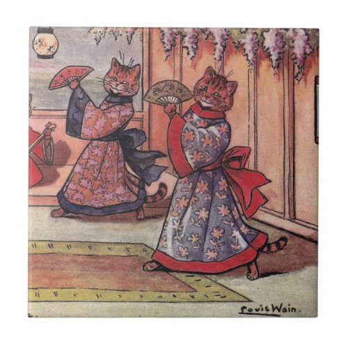 Cats in Kimonos Vintage Louis Wain Ceramic Tile