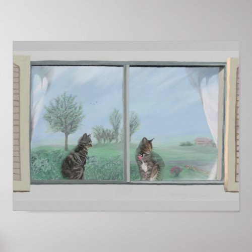 cats in landscape reflecting window watercolor art poster
