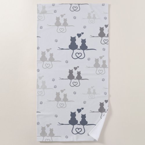 Cats in Love Modern Animal Silhouette Pattern Beach Towel