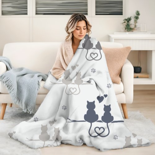 Cats in Love Modern Animal Silhouette Pattern Fleece Blanket