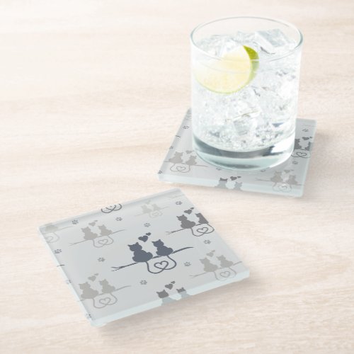 Cats in Love Modern Animal Silhouette Pattern Glass Coaster