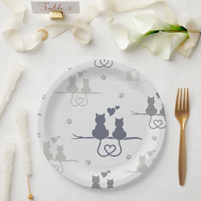 Cats in Love Modern Animal Silhouette Pattern Paper Plates (Wedding)