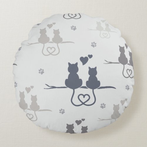 Cats in Love Modern Animal Silhouette Pattern Round Pillow