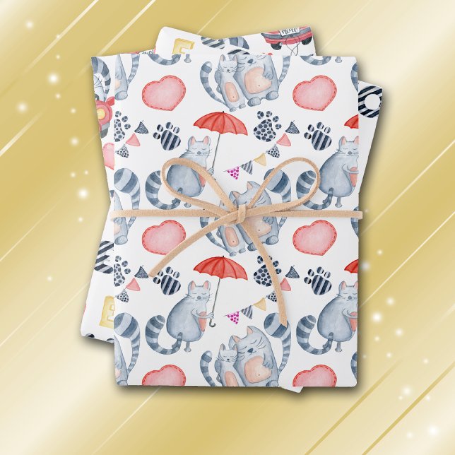 Cats in Love Pattern All Occasion Wrapping Paper Sheets (Creator Uploaded)