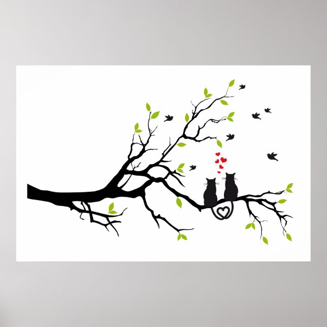 Cats in love with red hearts on spring tree poster (Front)
