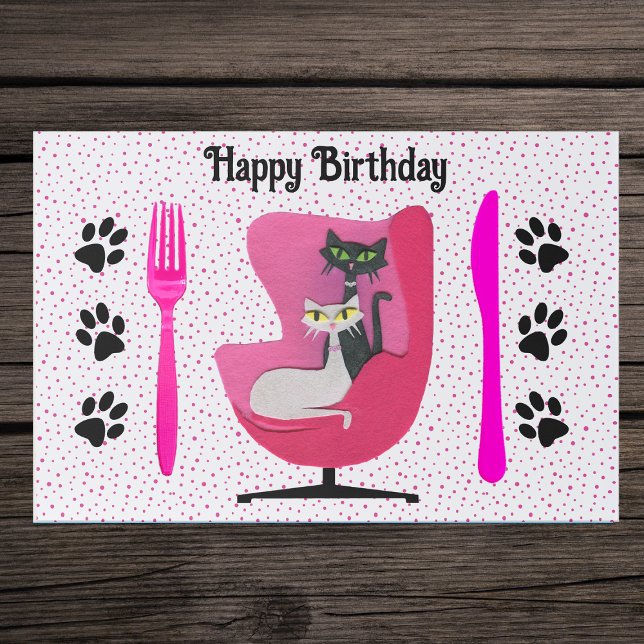 Cats in Mid centry pink chair paw prints Dots Mat (Cats in mid century pink chair with black cat paw prings pink polka dots on Birthday paper placemats)