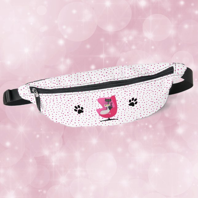Cats in Mid Century Pink Chair Paw Prints Dots Fanny Pack (Two cats in mid century pink chair, black cat paw prints on white with pink dots fanny pack.)