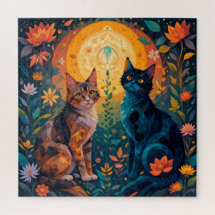 Cats in Nature Scene with Geometric Elements Jigsaw Puzzle