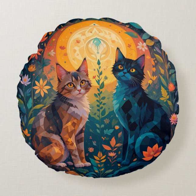 Cats in Nature Scene with Geometric Elements Round Pillow (Front)