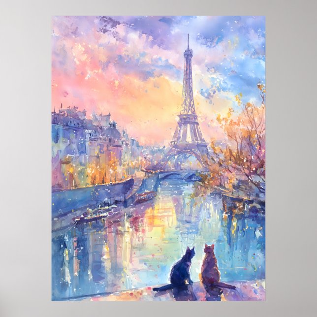 Cats in Paris Twilight – Watercolor Romance Poster (Front)