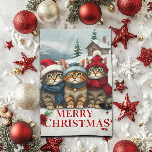 Cats in Preppy Winter Attire and Hats Christmas Kitchen Towel (Creator Uploaded)