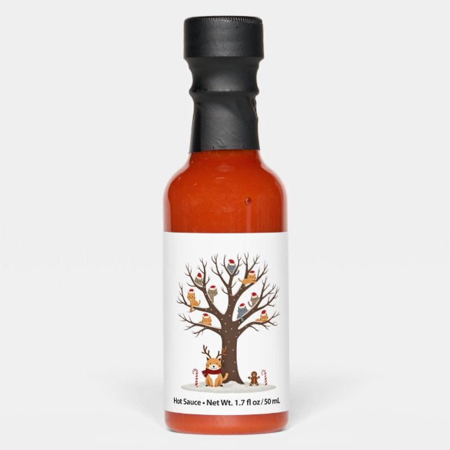 Cats In Snow Tree Winter Christmas Santa Hat X-mas Hot Sauces (Front)