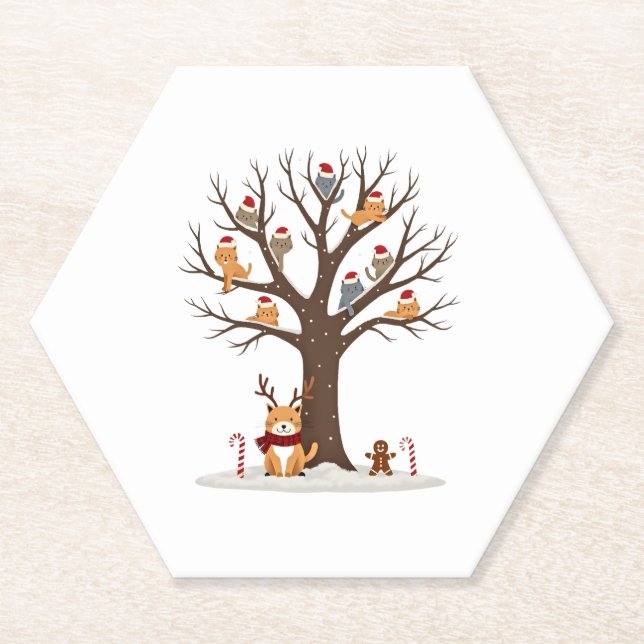 Cats In Snow Tree Winter Christmas Santa Hat X-mas Paper Coaster (Front)