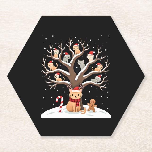 Cats In Snow Tree Winter Christmas Santa Hat X-mas Paper Coaster (Front)