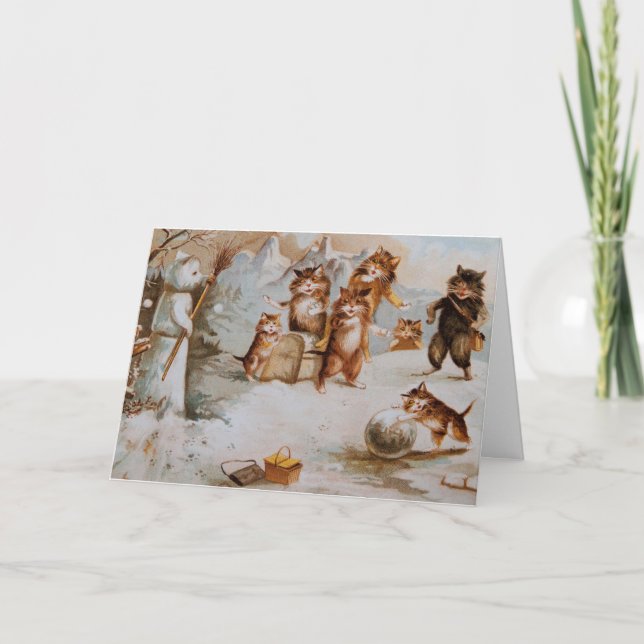 Cats in Snowball Fight Holiday Card (Front)