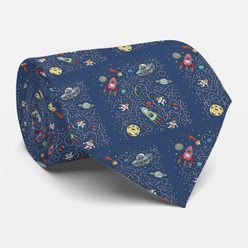 Cats in Space Cartoon labyrinth puzzle game rocket Neck Tie