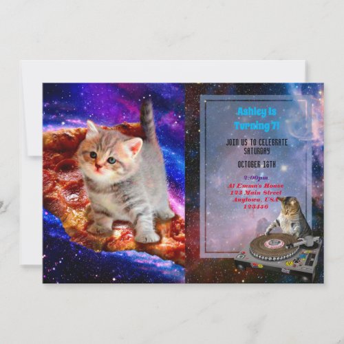 Cats in space pizza invitation