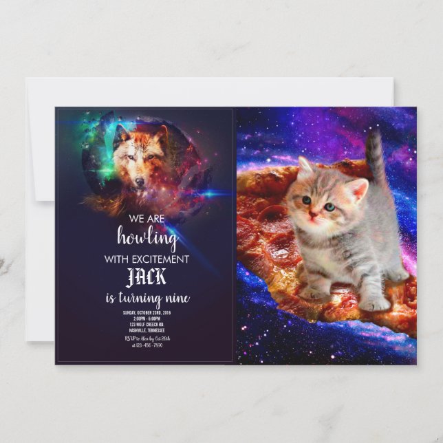 Cats in space pizza invitation (Front)