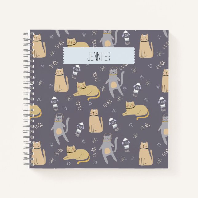Cats in Space Seamless Pattern Custom Name Notebook (Front)