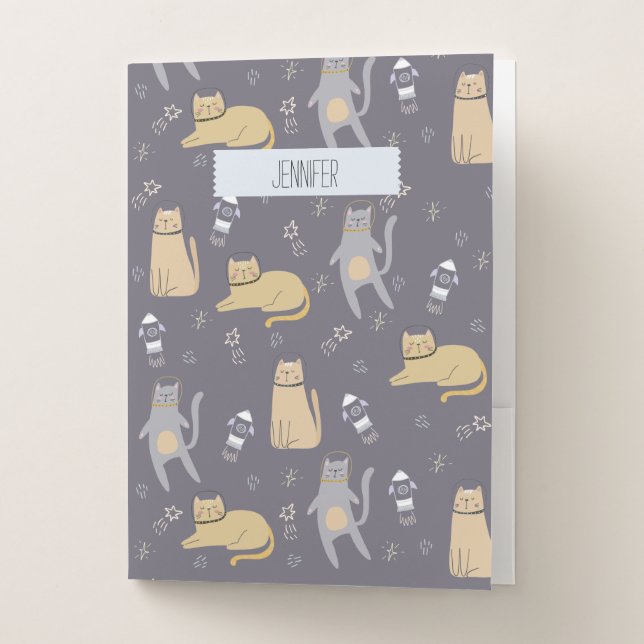Cats in Space Seamless Pattern Custom Name Pocket Folder (Front)