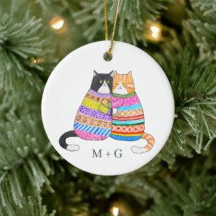 Cats in Sweater Snuggling Couple Custom Christmas Ceramic Ornament