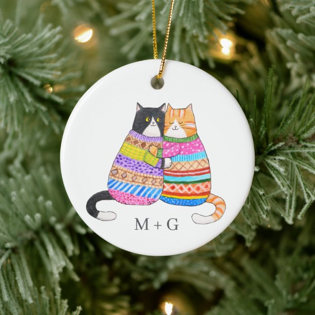 Cats in Sweater Snuggling Couple Custom Christmas  Ceramic Ornament (Tree)