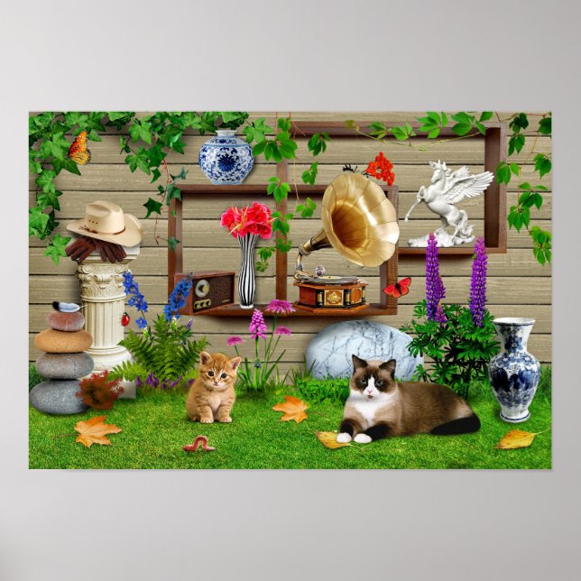 Cats in the backyard. A cute funny picture. Poster (Front)