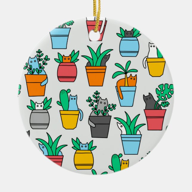 Cats in the flowerpots ceramic ornament (Front)