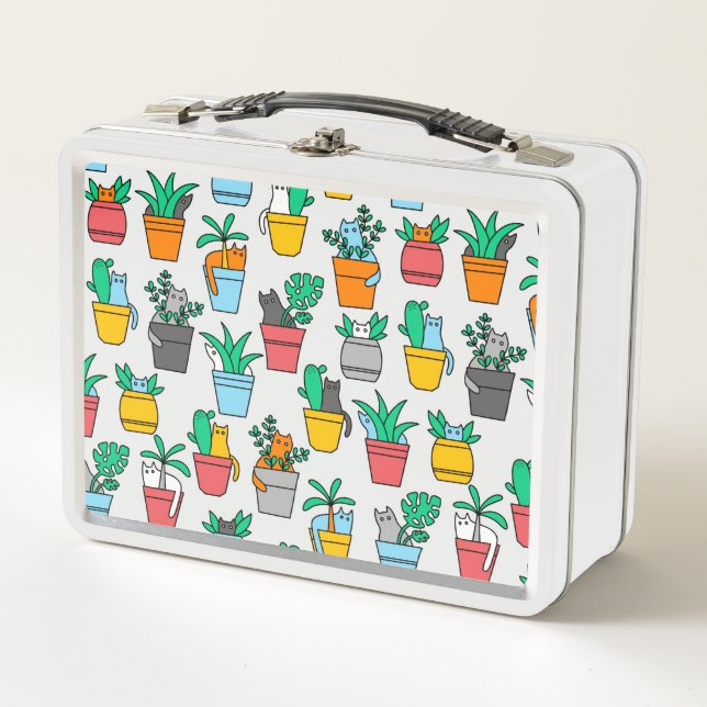 Cats in the flowerpots metal lunch box (Front)