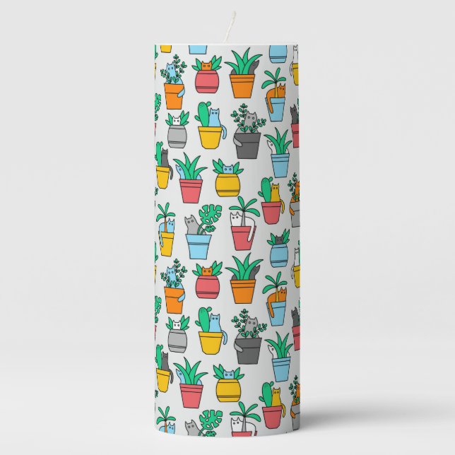 Cats in the flowerpots pillar candle (Front)