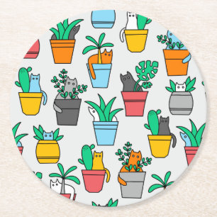 Cats in the flowerpots round paper coaster