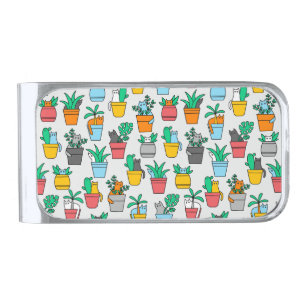Cats in the flowerpots silver finish money clip