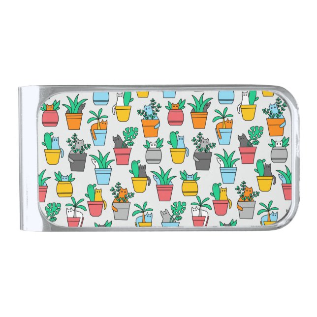 Cats in the flowerpots silver finish money clip (Front)