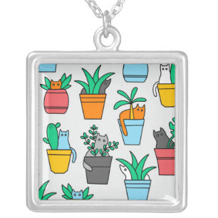 Cats in the flowerpots silver plated necklace