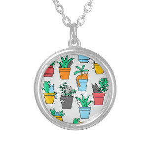 Cats in the flowerpots silver plated necklace