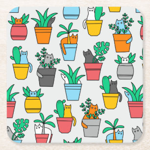 Cats in the flowerpots square paper coaster