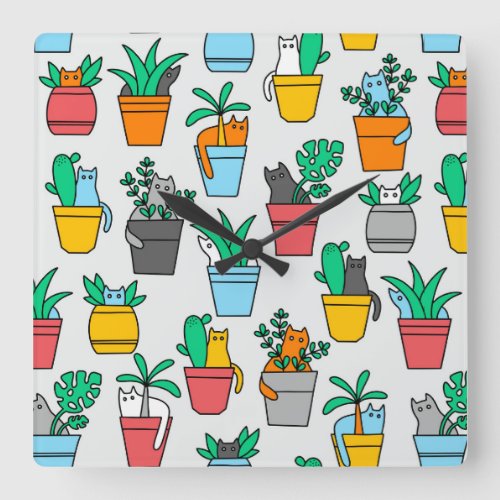 Cats in the flowerpots square wall clock