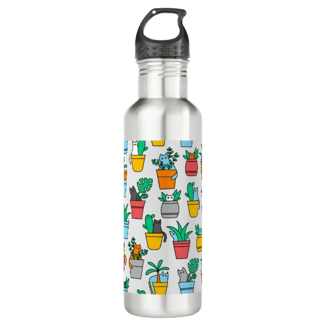 Cats in the flowerpots stainless steel water bottle (Front)