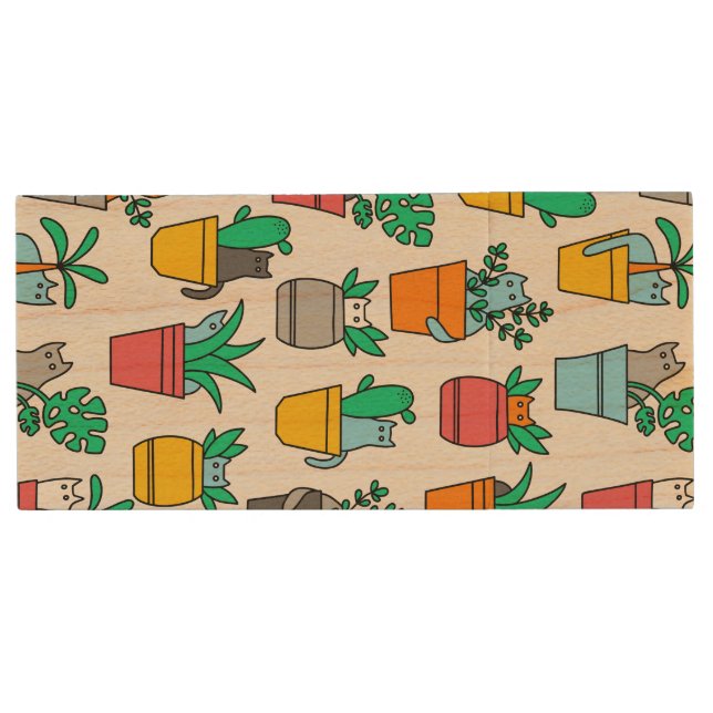 Cats in the flowerpots wood flash drive (Front)