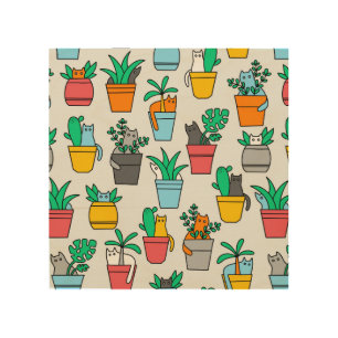 Cats in the flowerpots wood wall art
