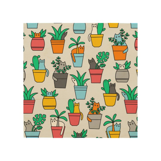 Cats in the flowerpots wood wall art (Front)