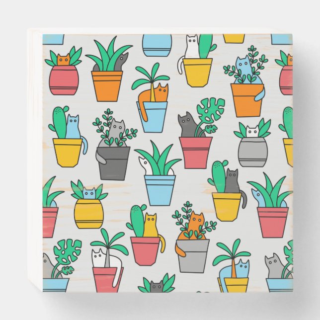 Cats in the flowerpots wooden box sign (Front Horizontal)