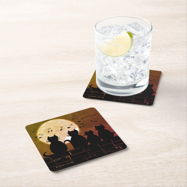 Cats in the moonlight square paper coaster (Insitu)